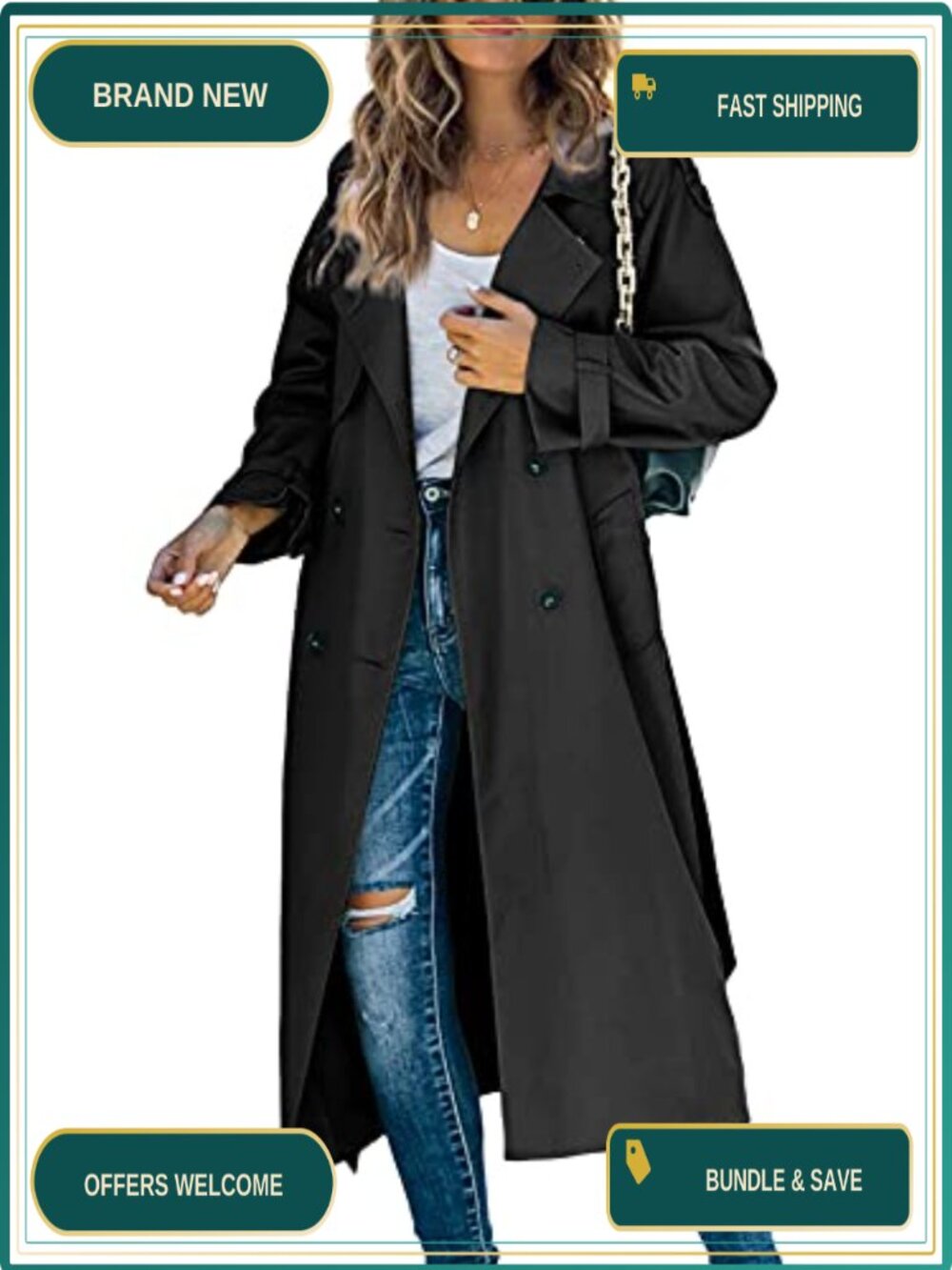 Women's Long Trench Coat Double Breasted Windproof Belted Overcoat